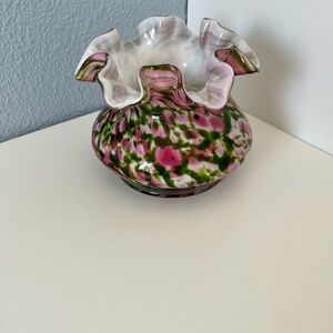 Fenton Floral Ruffled Vase in Pink and Green